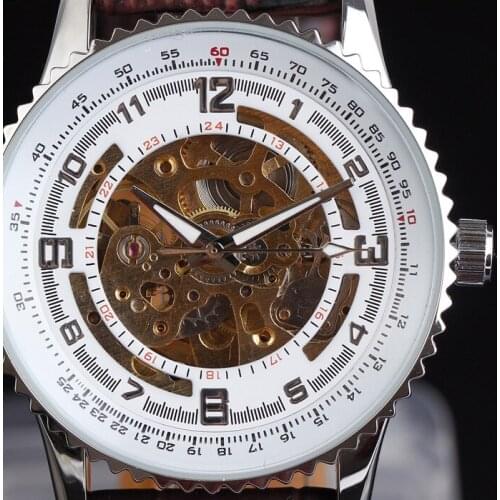 Top Brand WINNER Mens Fashion Clock Luxury Gear Case Skeleton Watch Hour Dial Leather Strap Automatic Mechanical Wristwatches