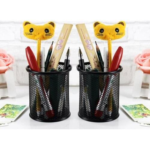 2 pcs Black Round Steel Mesh Style Pen Pencil Cup Desk Organizer Holder for Home Office (2 Round Mesh Pen Holder)