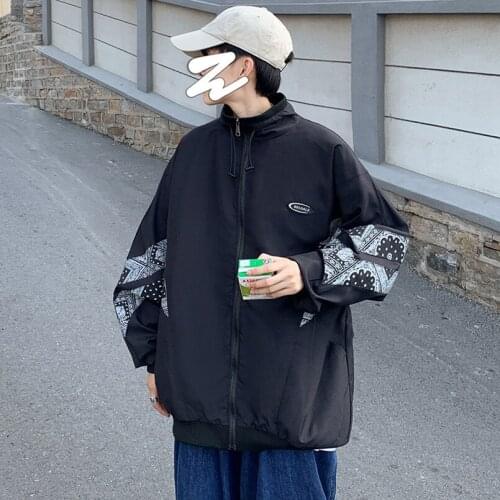 Spring Autumn Mens Jacket Bandana Patchwork Zipper Male Casual Streetwear Hip Hop Oversized Coat Men Clothing Plus Size 2021