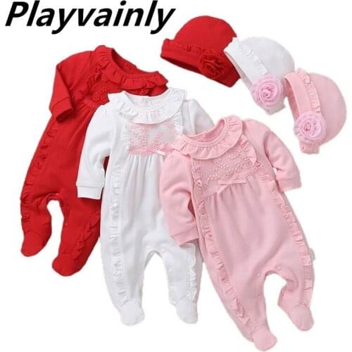 Baby Girl Footies Romper Ruffled Collar Long Sleeve Christmas Romper Cotton Romper with Cap Newborn Baby Clothes 0-1Y E2400