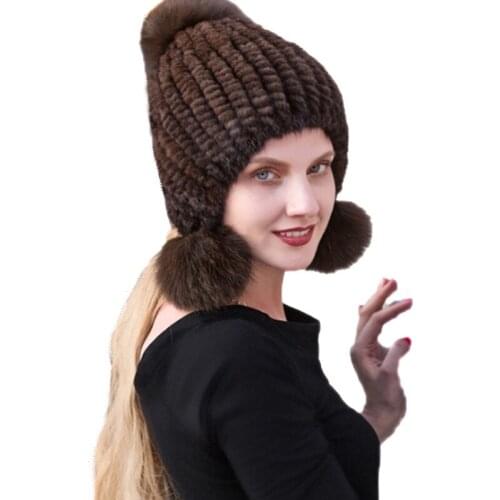 Womens Real Genuine Mink Fur Female Fox Fur Ball Knitted Hat 3 colors Winter Warm Cap