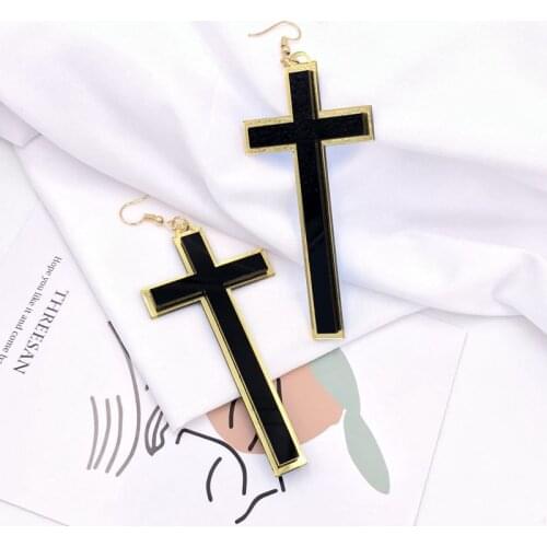 Euro-American Style Long Black Christian Cross Big Earrings Exaggerated Geometry Personal Statement Faith Eardrop Jewelry