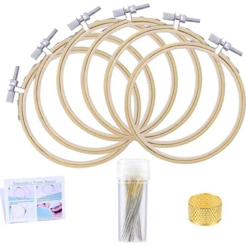 KAOBUY 6PCS Embroidery Hoop Set For Beginner, Cross Stitch Embroidery Circle With 3 Sizes Sewing Needles, Thimble