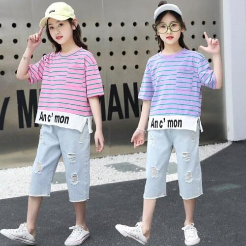 Summer Clothes For Girls Clothing Set Cotton Striped Short Sleeves T-shirt Tops Denim Jeans Shorts outfits For 4 6 8 10 12 14 Y