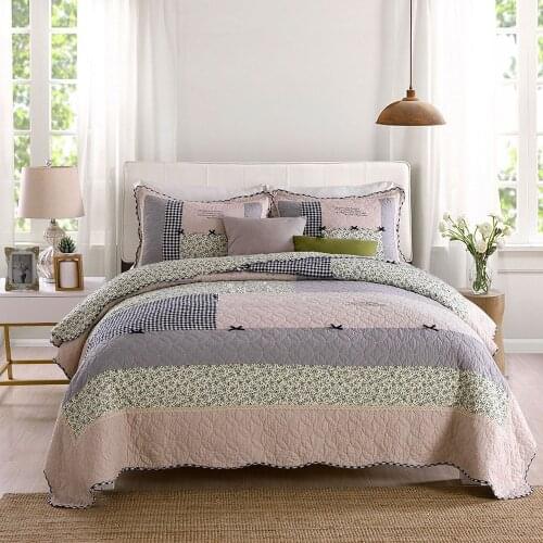 CHAUSUB Bedspread Quilt Set 3pcs Cotton Quilted Coverlet Korea Handmade Patchwork Quilts Bed Cover King Queen Size Blanket