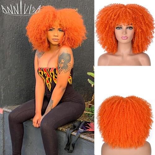 Short Hair Afro Kinky Curly Wig With Bangs For Black Women 14" African Synthetic Ombre Glueless Cosplay Red Blue Purple Wigs