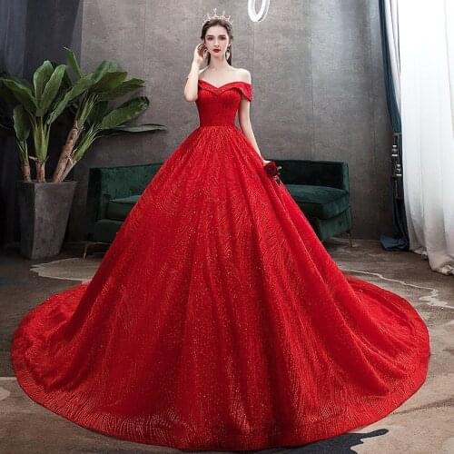 Red Sparkly Wedding Dress Boat Neck 2021 Luxury Glitter Vintage Lace Off the Shoulder Princess Bride Ball Gown For New Year 2021