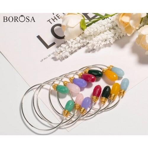 BOROSA Teardrop Natural Stone Bangle for Women Gold Wire Colorful Gems Stones Open Cuff Bangle Bracelets WX1702