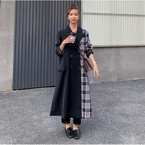 Windbreaker Jacket Female 2021Spring Autumn New Korean Lapel Loose Lattice Stitching Design Double-Breasted Fashion Long Suit 8Z