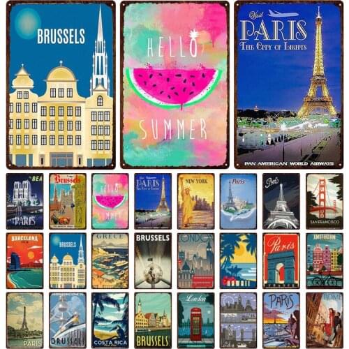 Brussels Summer Travel City Building Metal Signs Paris Rome Poster Wall Bar Restaurant Home Shop Vintage Decor 30X20CM