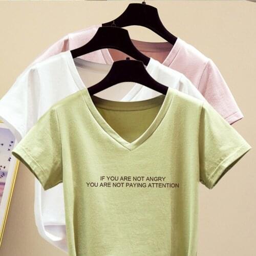 Summer Womens Basic 100% Cotton T-Shirt 2020 Funny Letter Top Short Sleeve Solid T-shirt Women V Neck Hiphop Plus Size T-shirt