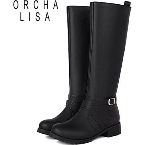 ORCHALISA Women Mortorcycle Ridding Knee High Chunky Boots Zip Big Size Thick Bottom Platform Winter Warm Ladies Footwear S2457