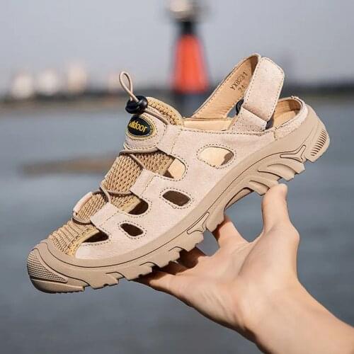 H16 2021 Mens Work Sandals Leather Male Slippers Mens Summer Shoes Breathable Beach Outdoor soft soledlack sport hiking