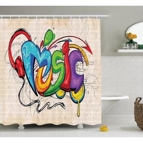 Music Shower Curtain Illustration of Graffiti Style Lettering Headphones Hip Hop Theme on Beige Bricks Wall Decoration Curtains