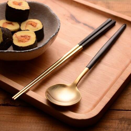 2set Korean Chopsticks Spoon Set 18/8 Stainless Steel Reusable Gold White Hashi Sushi Chopstick Dessert SpoonKitchen Accessories
