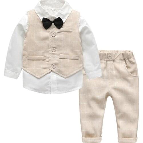 2021 New Spring Autumn Baby Boys Gentleman Suit White Shirt with Bow Tie+Striped Vest+Trousers 3Pcs Formal Kids Clothes Set