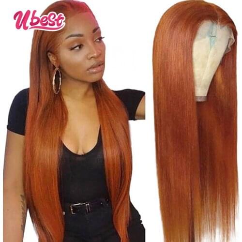 Ubest Ginger/Burnt Orange Straight Lace Front Wigs for Women Human Hair Peruvian Virgin Transparent Lace Wigs Pre-Plucked