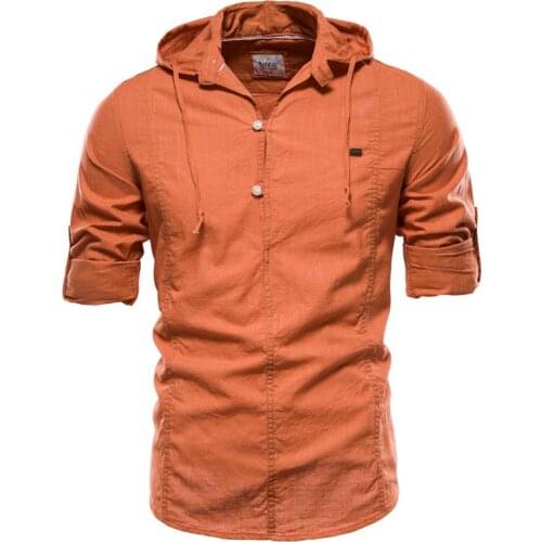 New Design Hoodied Long Sleeve Linen Shirt Men Solid Color 100% Cotton Quality Pullover Shirt for Men Streetwear Mens Shirts
