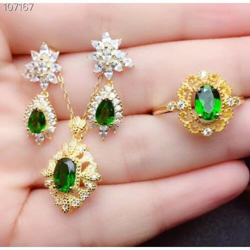 The Best Wedding Gift Diopside Set Natural And Real Diopside Jewelry set 925 sterling silver 1pc Ring,1pc Pendant,2pcs Earring