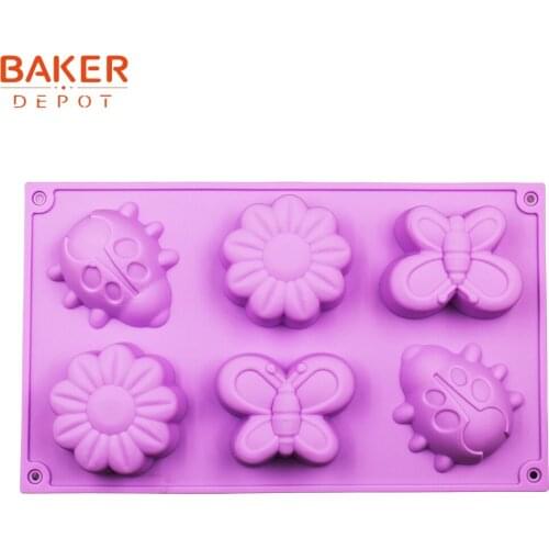 BAKER DEPOT DIY Silicone Cake Mold Jelly pudding 6 lattices Flower Butterfly and Beetle Soap Mold CDSM-677