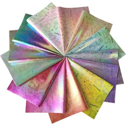 135x30cm Iridescent Cartoon Character Print Metallic Laser Synthetic PU Leather Cotton Back for Bag Hair bows Decoration