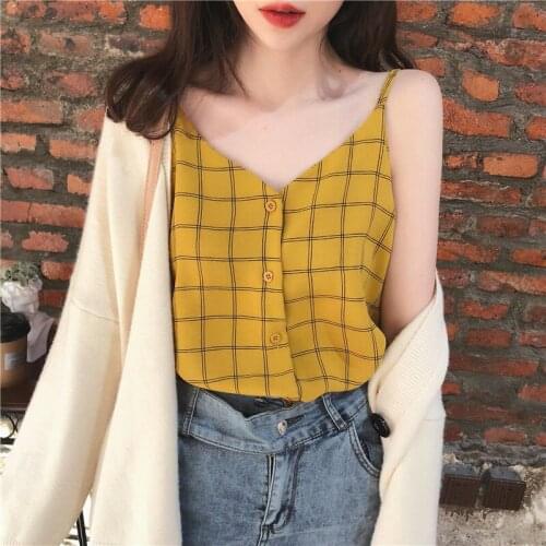 Hong Kong-style Retro Plaid Small Sling Womens Heart Machine with A Chiffon Vest Loose Bottoming Shirt Jacket Summer