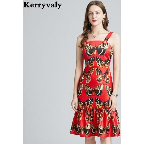 Summer Butterfly Red Print Handmade Drill Buckle Sling Dress Women Slim Fitting Fishtail Midi Strapless Sexy Backless Dress K337