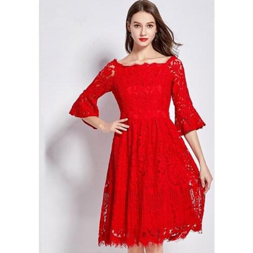 2020 Spring Fall Fashion Women Slash Neck 3/4 Flare Sleeve High Waisted Red Lace Dress , Woman 3xl 4xl Black Dresses