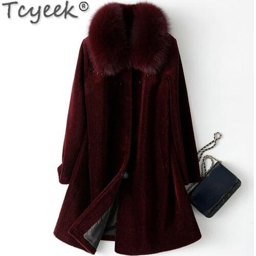 Tcyeek 2021 Real Fox Fur Collar Coat Female Winter Elegant Sheep Shearling Coats Women Warm Wool Jackets Casaco Feminino Gxy207
