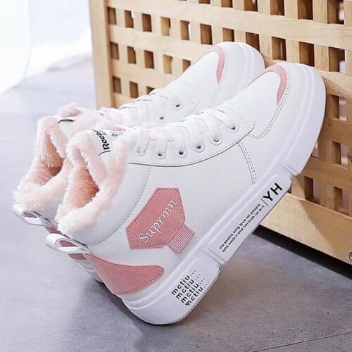 Winter Women Shoes Sneakers Warm Fur Plush Lady Pink Blue Casual Lace Up Fashion Zapatillas Mujer Platform Shoes 1556