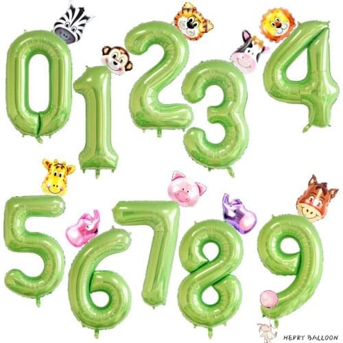 2pcs 0123456789 Green Foil Number Balloons Animal Air Balloon Safari Jungle Party Decor Kids Birthday Party Globos Ball Balony