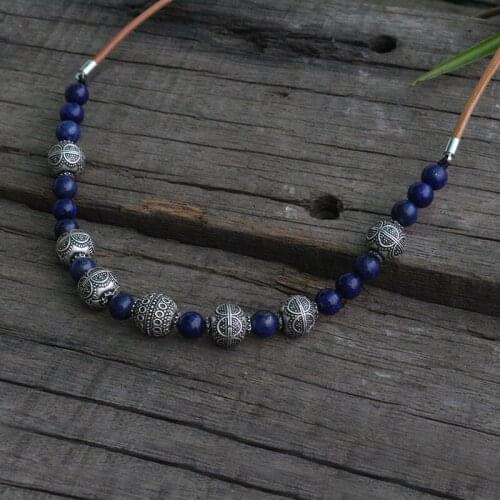 8mm Lapis Lazuli Beads Necklace,slavic women Ethnic Jewelry, Viking Ethnic necklace 15mm LUNULA bead