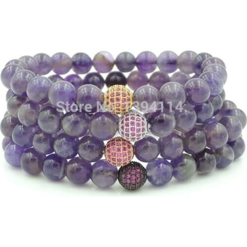 8mm Micro Pave Purple CZ Round Ball Beads & Amethys t Round Beads Beaded Bracelets Elastic Rope