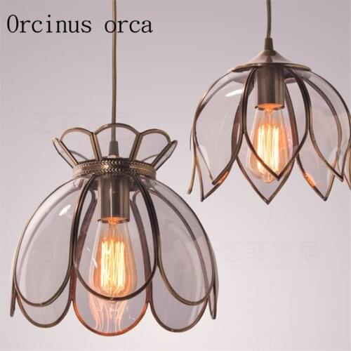 American style retro lotus copper chandelier bedroom cloakroom bedroom glass single head Chandelier free shipping