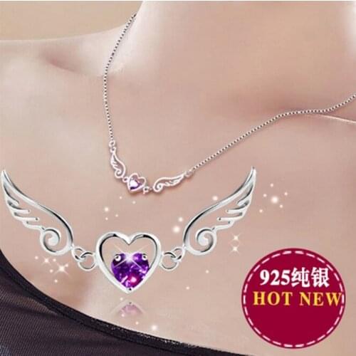 ANENJERY 925 Sterling Silver Love Angel Wings Necklace Dream Love Heart Crystal Zircon Necklace Women Birthday Present S-N01