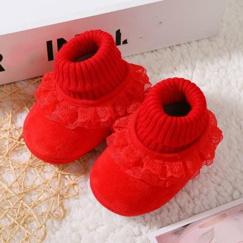 0-1 Years Old Baby Shoes Baby Princess Toddler Plus Velvet Thickening Girls Cotton Shoes Newborn Shoes 0-18 Months Lace-Up Cute