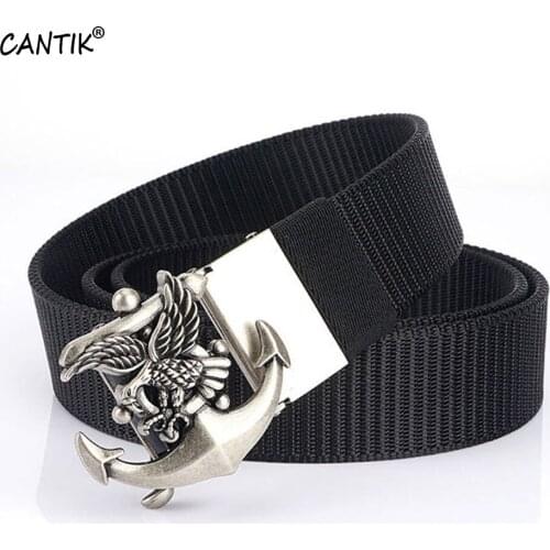 CANTIK Unique Flying Eagle Hook Automatic Buckle Metal Quality Black Nylon & Canvas Belts Men Accessories 3.5cm Width CBCA265