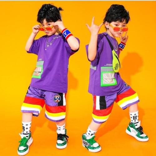 Kids Concert Dance Costumes Hip Hop Show Outfits Street Wear Purple Tshirt Shorts Girls Boys Ballroom Modern Jazz Stage Clothes