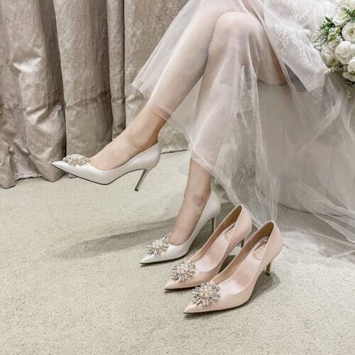 French Wedding Shoes Snowflake Pearl Buckle White High Heels Satin Bridesmaid Dress Shoes Plus Size Bridal Shoes Heels Women