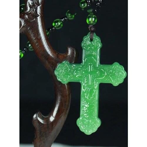 Chinese Natural Green Jade Cross Pendant Necklace Hand-carved Charm Jadeite Jewelry Fashion Luck Amulet Gifts for Men Women