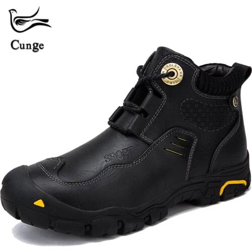 Cunge Mens Brand hiking shoes Super Warm Winter Leather shoes Waterproof Snow boots Leisure Retro Shoes for men Cowhide handmade