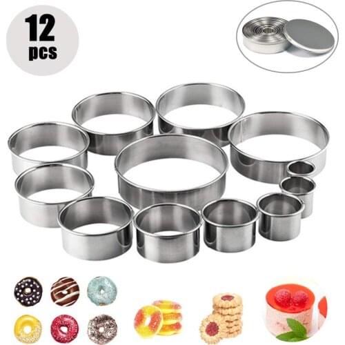 12pcs/pack Stainless Steel Cookie Biscuit Cutters Set Plain Edge Round Mousse Ring Mold Icing Pastry Sugarcraft Cake Decoration