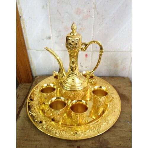 WBY 717+++Sets Decorated Old Flower Collectible famous tin alloy jug 1 Tea Pot 4 Wine Cup 1 Plate Decoration real Tibetan