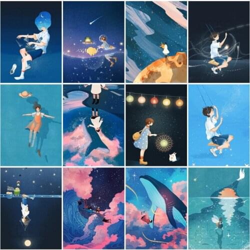 Cartoon Diamond Art Original Creative Cartoon Character Illustration Starry Sky Lantern Water Surface Whale Home Decor Picture