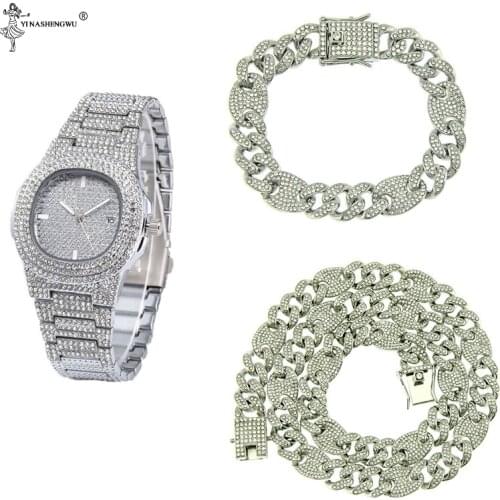 Necklace +Watch+Bracelet Hip Hop Miami Curb Cuban Chain Gold Color Iced Out Paved Rhinestones CZ Bling Rapper For Men JewelryNew