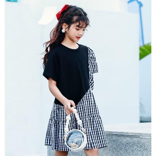 4 To 14Y, Girls Dress Patchwork Plaid Children Casual Dress 2021 New Summer Kids Clothes Cotton Ruffles Length Over Knee,# 6044