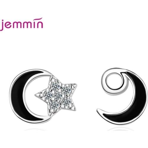 Elegant 925 Sterling Silver Rhinestone Moon Star Symmetrical Stud Earrings For Women Jewelry Pendientes Brincos