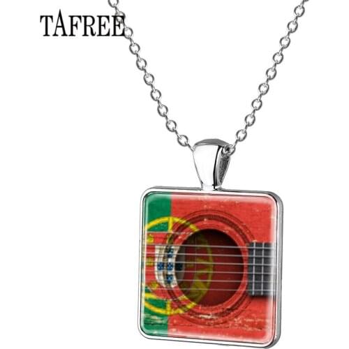 TAFREE 26 Countrys Flag with guitar Necklace Portugal,Spain,Japan Flag Square Pendant Chain Necklaces Punk Party Jewelry GF43