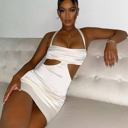 Tinastyle White Satin Strapless Sexy Dress For Women Spaghetti Strap Hollow Out Bodycon Mini Dress Solid Party Club Vestidos