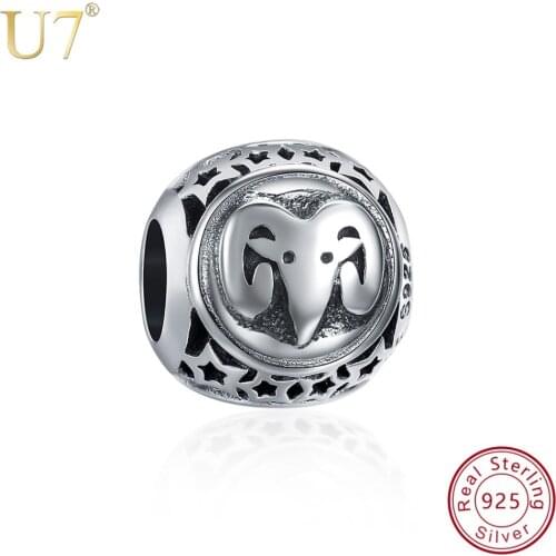U7 100% 925 Sterling Silver Aries Star Zodiac Sign Beads Charms Fit Bracelet & Bangle Women Men Gift DIY Jewelry Making SC119